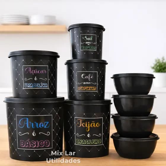Kit de potes para mantimentos de cozinha + potes redondos de plástico