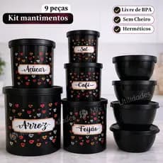 Kit de potes mantimentos de cozinha com 9 peças de plástico