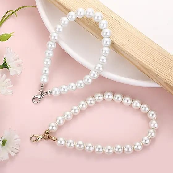 zzz 5 Peças De Pulseira De Pérola Falsa Com Alça De Corrente , Cordão De Pulso De Mão Elegante Pérolas Brancas Para Chav
