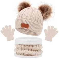 Gorro de inverno para bebê com pompom, gorro infantil de malha quente, cachecol e luvas, adequado para meninos, cor sóli