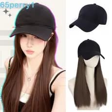 PERRY1 Perucas De Chapéu De Cabelo Encaracolado Ondulado , Peruca Preta , Longo Com Boné De Beisebol De Guarda-Sol De Um