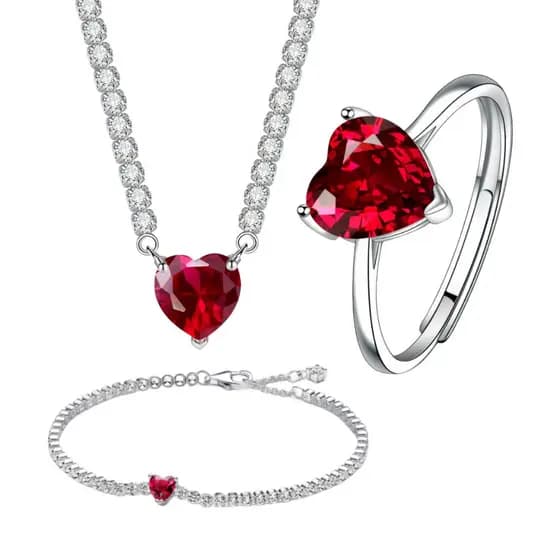 [Promoção] Conjunto de Colar, Anel e Pulseira de Coração Vermelho em Prata S925, um Presente Ideal para as Festas UYRG