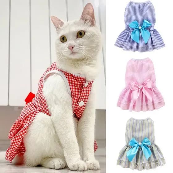 Vestido de princesa para cães e gatos, roupa de verão para animais de estimação, vestido xadrez com laço, adequado para