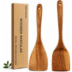 Espátulas de Madeira, Conjunto de 2 Utensílios de Cozinha em Madeira de Acácia Natural para Panelas Antiaderentes, Espát