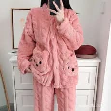 Pijama Feminino de 2 peças de Pijama de Outono Inverno Pijama Feminino de Lã de Coral Pensando Roupa de Estudante Cartoo