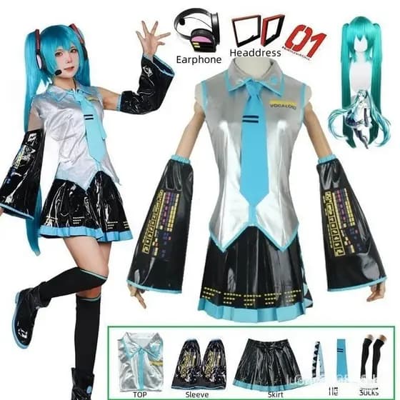 Anime Miku Role Playing Costume Peruca Tiara Conjunto De Acessórios Para Festa De Halloween Meninas E Mulheres