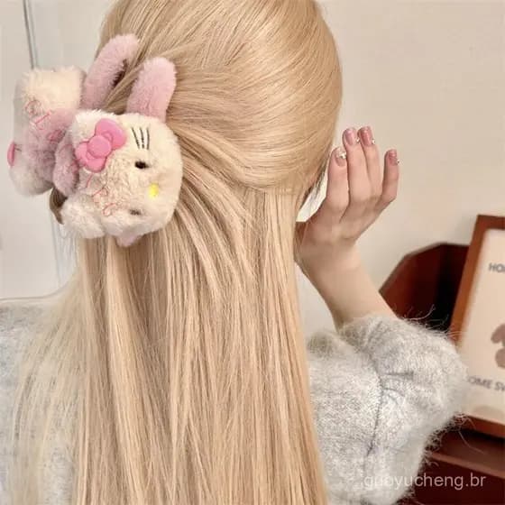 [Rhian] Sanrio Hello Kitty Grampo de cabelo de tubarão de pelúcia Estilo de personagem de Anime Y2K Acessórios de cabelo