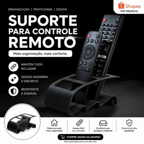 Suporte Organizador para Controle Remoto Porta Controle Moderno para Sala Rack TV Branco e Preto