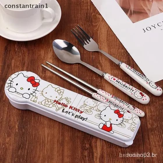 Kawaii Hello Kitty Pauzinhos Colher Garfo Sanrio KT Conjunto De Talheres Para Gatos Louça Portátil Crianças De Ani