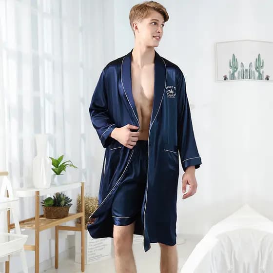 Pijama Masculino de Seda Gelada Yao Ting, Roupão e Calças Masculinas de Verão com Gola Mandarim, Atacado de Roupas para