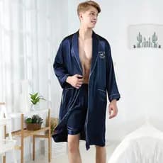 Pijama Masculino de Seda Gelada Yao Ting, Roupão e Calças Masculinas de Verão com Gola Mandarim, Atacado de Roupas para