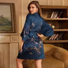 Pijama de cetim e chiffon Yao Ting para mulheres, primavera e verão, luxo leve, mangas três quartos, robe com toque fres