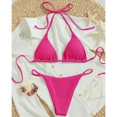 Conjunto biquíni + saída praia Biquíni praia Roupa de praia feminina Biquíni de três pontos amarrado rosa vermelho amare