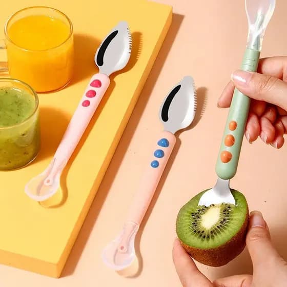 Espátula para purê de frutas para bebês, feita de aço inoxidável, design de dupla face, material de silicone, específica