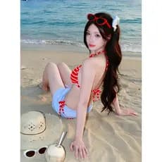 Biquíni brasileiro Conjunto biquíni + saída praia Roupa de praia feminina Biquíni listrado vermelho estilo férias maiô b