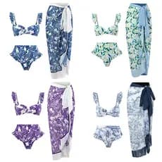 Roupa de praia feminina Biquíni praia Conjunto biquíni + saída praia [Estilo de férias boêmio feminino de três peças] sa