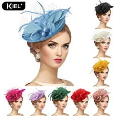 Kiel_Topper Chapéu Estilo Retro Imitação De Linho Mulheres Headwear Arcos Penas Malha Detalhes Fascinator Acessório De C
