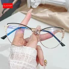Óculos femininos de luxo anti-luz azul, armação de metal estilo olho de gato com strass, lentes para computador, lentes
