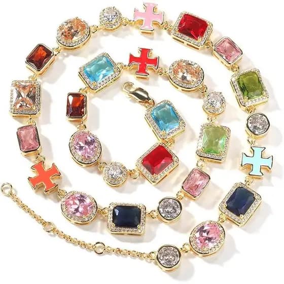 Colar de corrente colorida com zircônias incrustadas de 10MM, pulseiras de cruz com zircônia multicolorida, pulseira e c