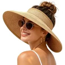Chapéu de Sol com Viseira para Mulheres, Chapéu de Praia de Palha com Proteção UV UPF, Aba Larga, Dobrável, para Rabo de