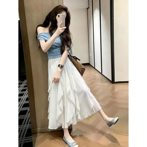 Saia de Chiffon Irregular feminina 2026 primavera verão cintura alta Drape mais magro olhar a linha Casual babados Midi