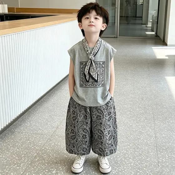 Meninos verão colete terno 2026 novo estilo estilo Preppy bonito bebê xadrez calças de perna larga de duas peças verão n