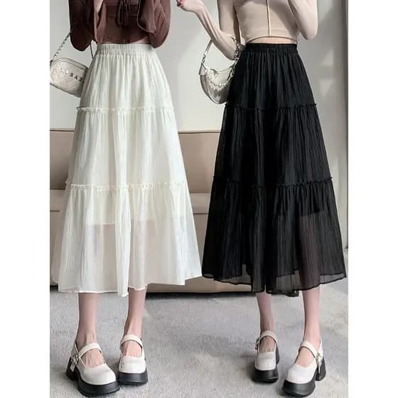 Estilo suave Chiffon saia feminina pequena saia de fadas primavera verão comprimento médio bolo francês guarda-chuva sai