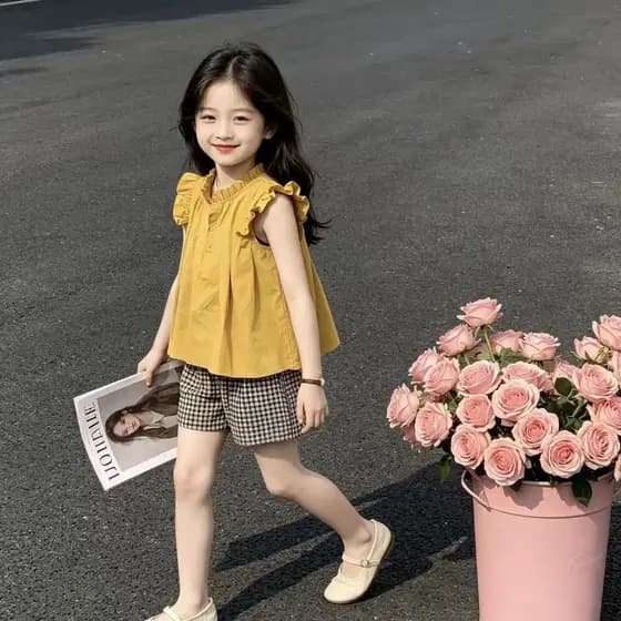 Meninas verão novo estilo sem mangas Shorts terno de duas peças meninas moda doce colete verificado calças terno do bebê