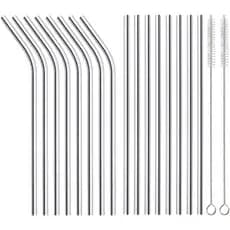 ANNVCHI Pacote com 16 Canudos de Metal Reutilizáveis de Aço Inoxidável, 8 Canudos Retos + 8 Curvos de 8,5 polegadas com