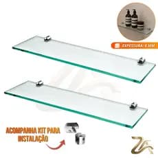 Kit 2 Prateleiras de Vidro Porta Shampoo 40cm Banheiro Fixação Dupla de Parede/Lavanderia