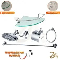 Kit Acessórios Para Banheiro Aço Inox 6 Peças Com Porta Shampoo Canto Incolor - Acompanha Kit Instalação