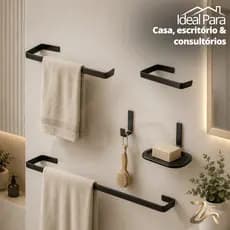 Kit Acessórios Para Banheiro Stander Quadrado Preto 5 Peças Metal Papeleira Porta Toalhas e Cabide