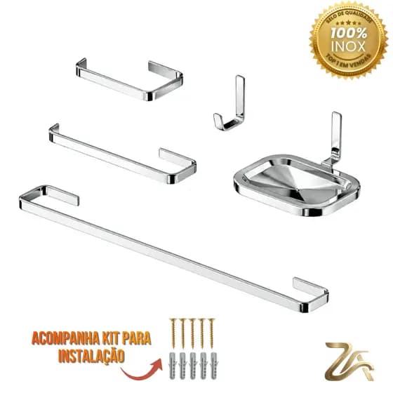 Kit Acessórios Banheiro Banheiro 5 Peças Cromado Quadrado INOX Completo