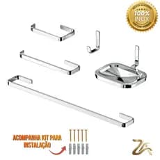 Kit Acessórios Banheiro Banheiro 5 Peças Cromado Quadrado INOX Completo