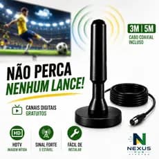 Antena TV Digital Amplificada 3.5dBi UHF VHF FM | Interna e Externa HDTV | Cabo 3m À Prova d'Água Base magnética