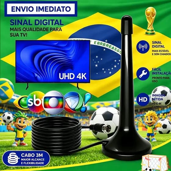 Antena TV Digital Copa do Mundo| Imagem HDTV 4K Fácil Instalação | Interna Externa Alta Sensibilidade