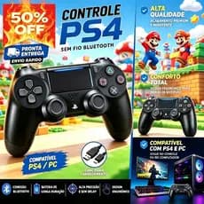 Controle Sem Fio Bluetooth PS4 Recarregável Joystick | Vibração + Touchpad | Compatível PC Smart TV Preto