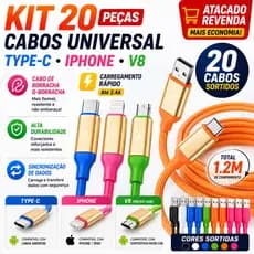 Kit 20 Cabo Carregador Dados Emborrachado | USB Tipo-C, V8 e iPhone Lightning | Carregamento Rápido Atacado