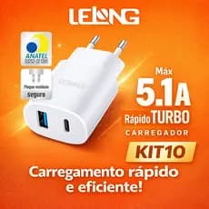 Kit 10 Fonte Carregador Rápido 5.1A | Atacado Revenda USB + Tipo-C Homologado Anatel| Lelong LE-283 2 Saídas