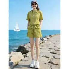 [Preferido] Conjunto de shorts e blusa com capuz e zíper, estilo esportivo ao ar livre, para mulheres, verão 2026, rejuv