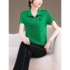 [Premium] Conjunto Esportivo Feminino de Verão: Blusa de Manga Curta com Zíper e Calça Comprida, Conjunto de Duas Peças,