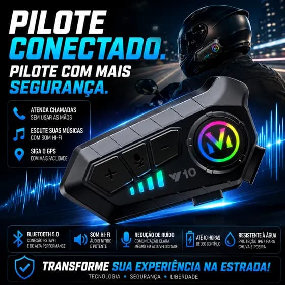 Intercomunicador Moto Bluetooth Y10 RGB Som Hi-Fi IP67 Atende Chamadas GPS Capacete Universal