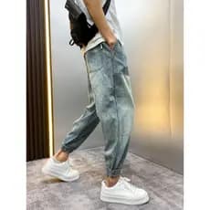 Calças Jeans masculinas na moda marca meninos verão solto lavado Harem calças 2025 novo estilo tornozelo comprimento tor