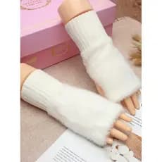Luvas de meio dedo feminino inverno pelúcia quente estudante escrita digitação malha meio corte sem dedos longo