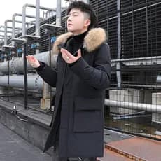 Jaqueta acolchoada de comprimento médio masculina 2023 inverno novo estilo com capuz engrossado quente preto acolchoado