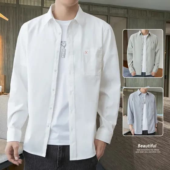 Camisa branca de manga comprida masculina primavera novo estilo juventude moda Casual solto jaqueta de trabalho All-Matc