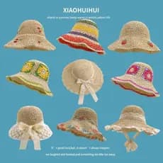 Chapéu de palha japonês doce morango cereja bege feminino renda guarnição aba grande balde de palha chapéu férias praia