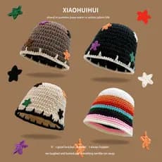 Japonês colorido estrela crochê chapéu de malha feminino outono inverno quente rosto-cobrindo pequeno balde chapéu All-M