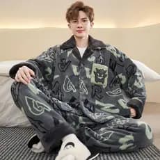 Pijamas masculinos outono inverno estilo Coral velo engrossado mais lã outono inverno Cardigan mais gordura plus Size fl
