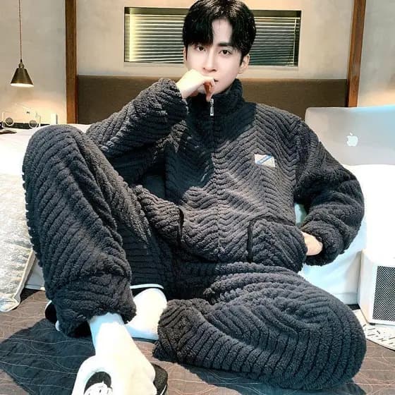 Pijama de flanela de lã quente de lã Coral masculino solto pode usar exterior outono inverno tamanho grande pijama de fl